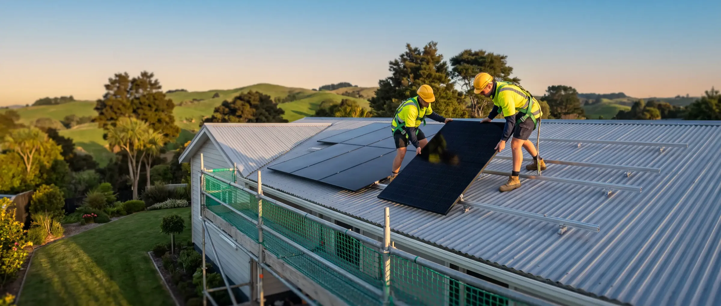 Installers fitting solar panels on a roof edged with scaffolding and safety rails.