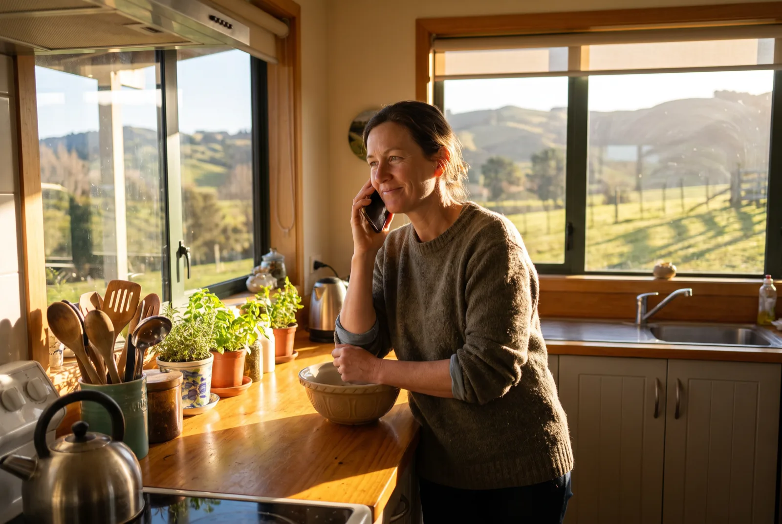 A homeowner in a bright kitchen taking a phone call in the late-afternoon sun.