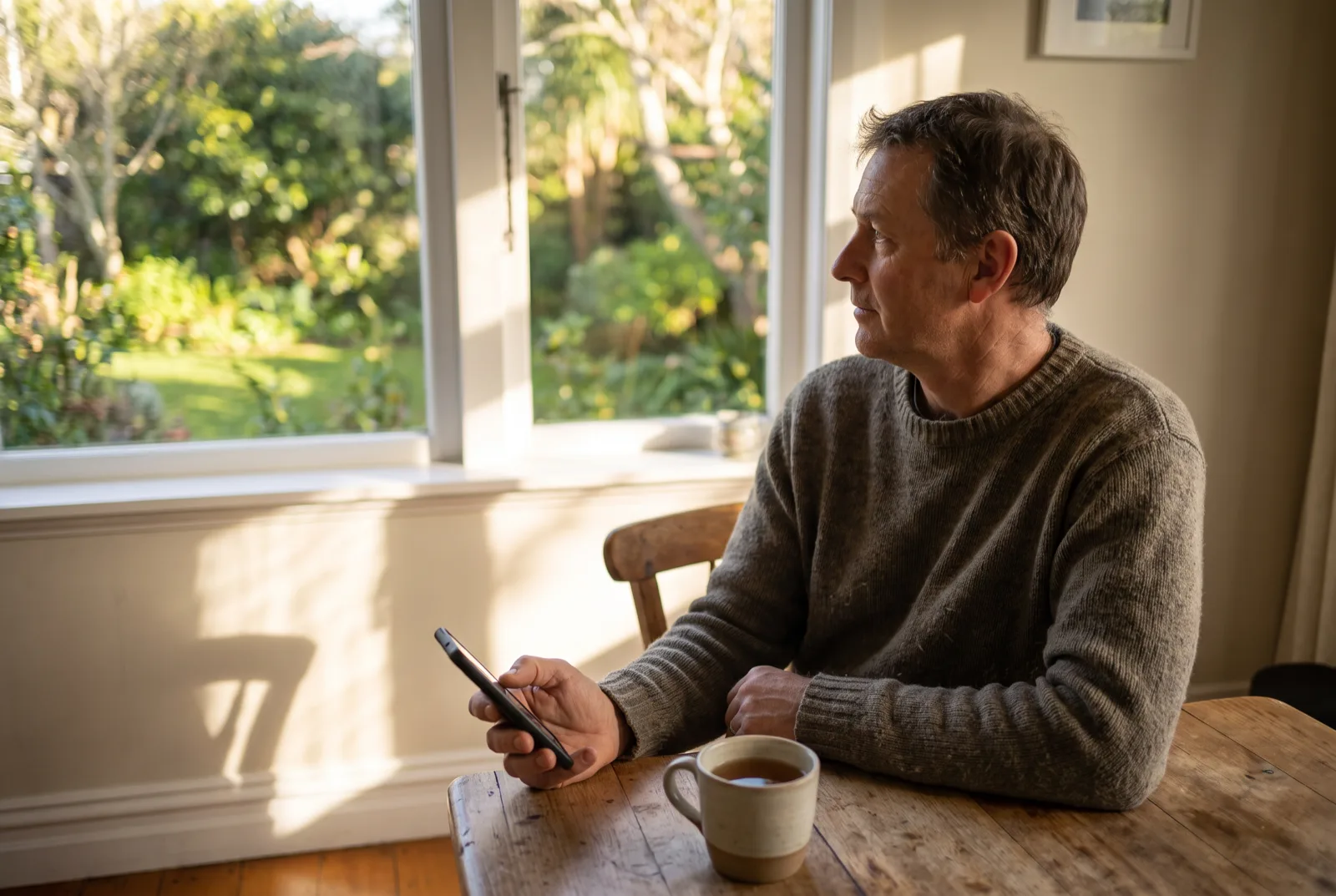 A homeowner at a kitchen table with a phone, afternoon sun through the window.