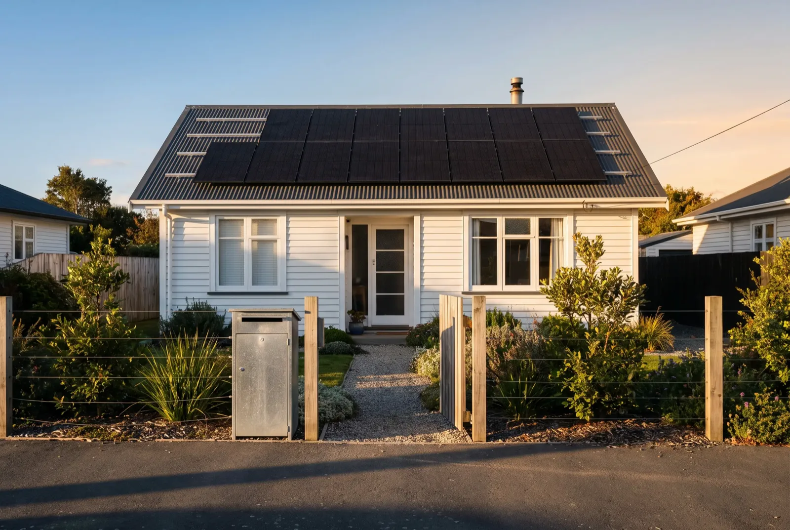 A weatherboard home with rooftop solar seen from its front gate, letterbox in the foreground.