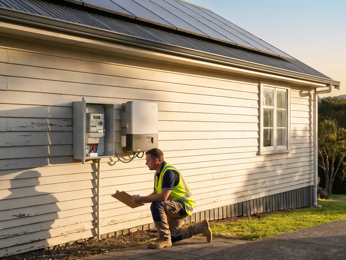 An electrician checking the meter box and inverter on a New Zealand weatherboard home with rooftop solar.