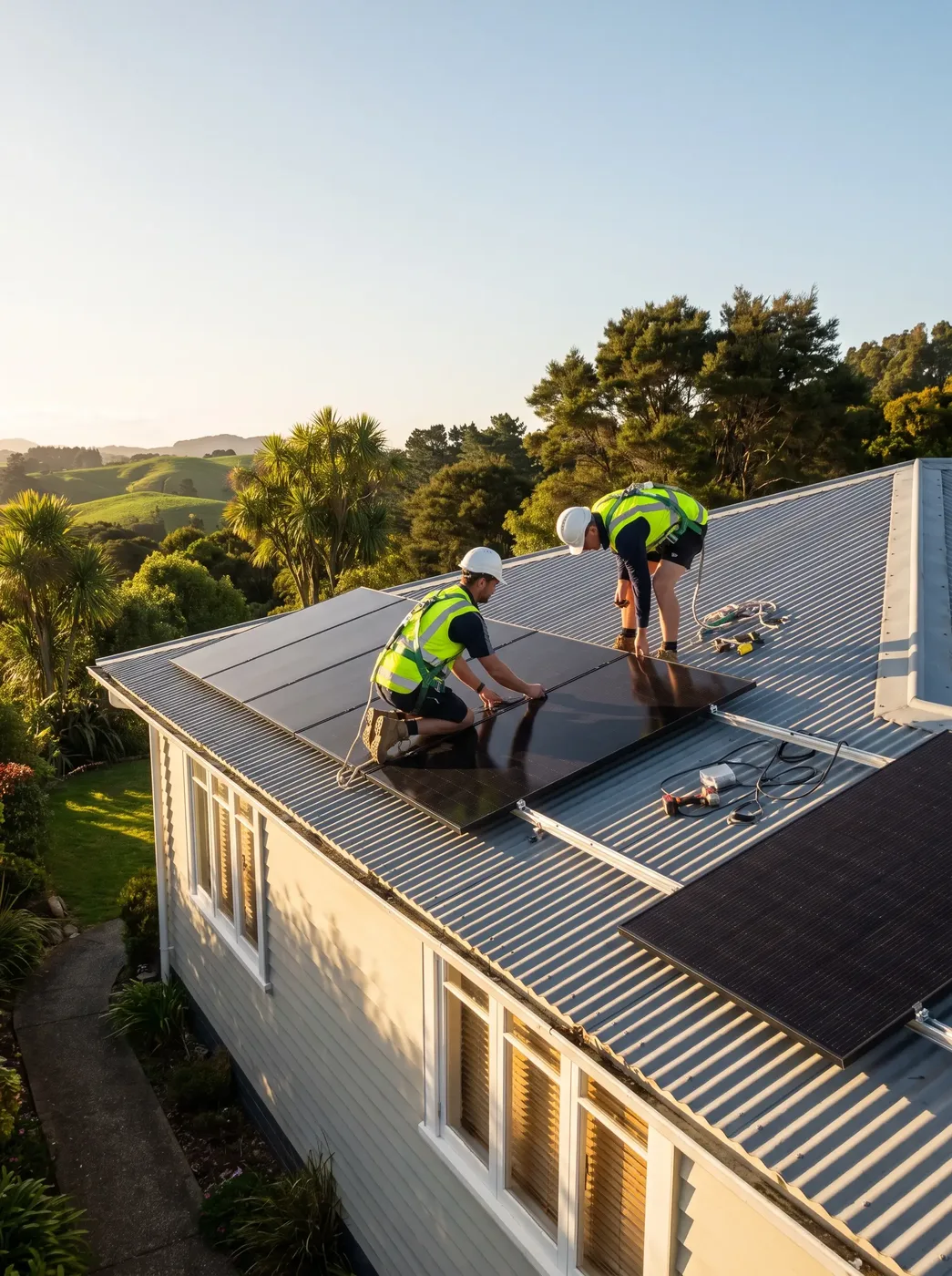 Two installers fitting matte-black solar panels to the corrugated roof of a weatherboard home, green hills behind