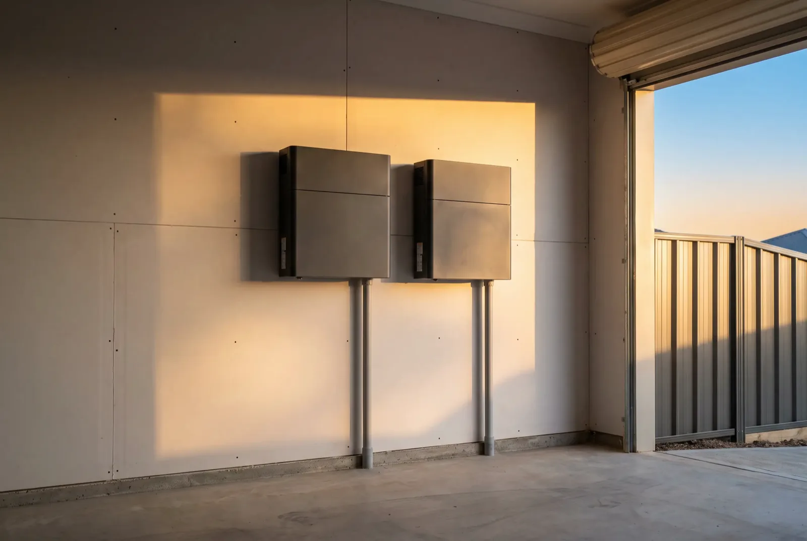 A home battery and inverter mounted side by side on a garage wall.