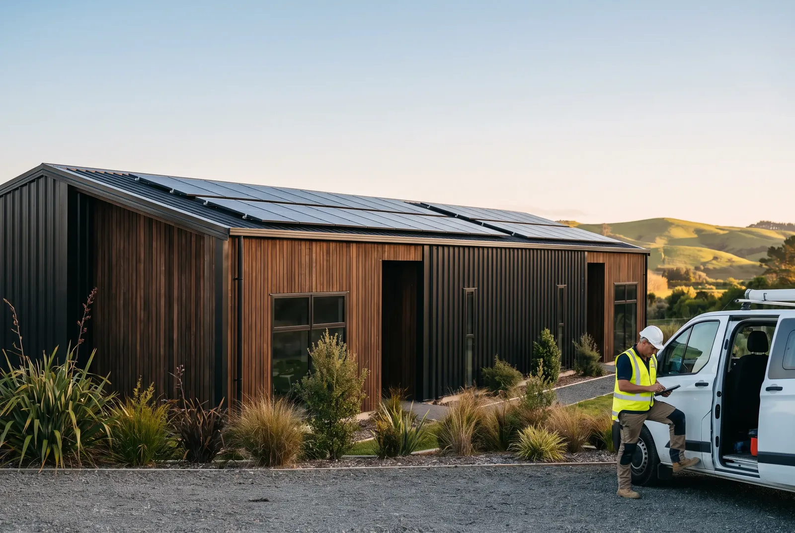 An installer reviewing a tablet beside a work van outside a modern commercial unit with rooftop solar.