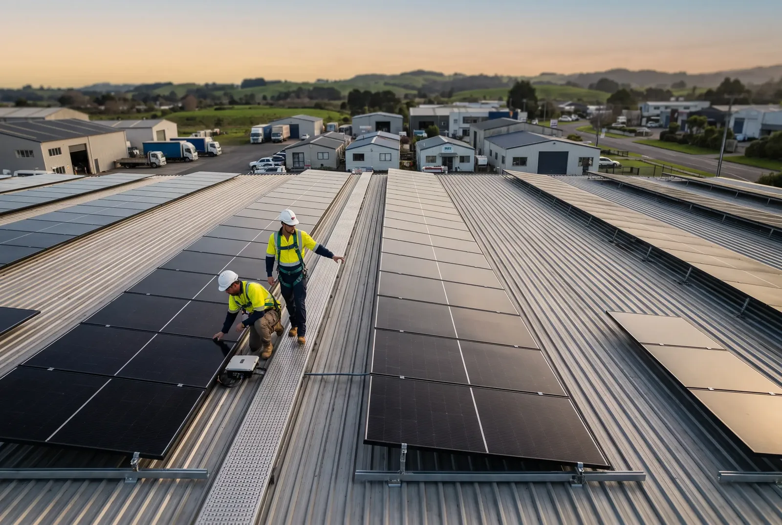 Two installers walking a large photovoltaic array across a commercial warehouse roof at dusk