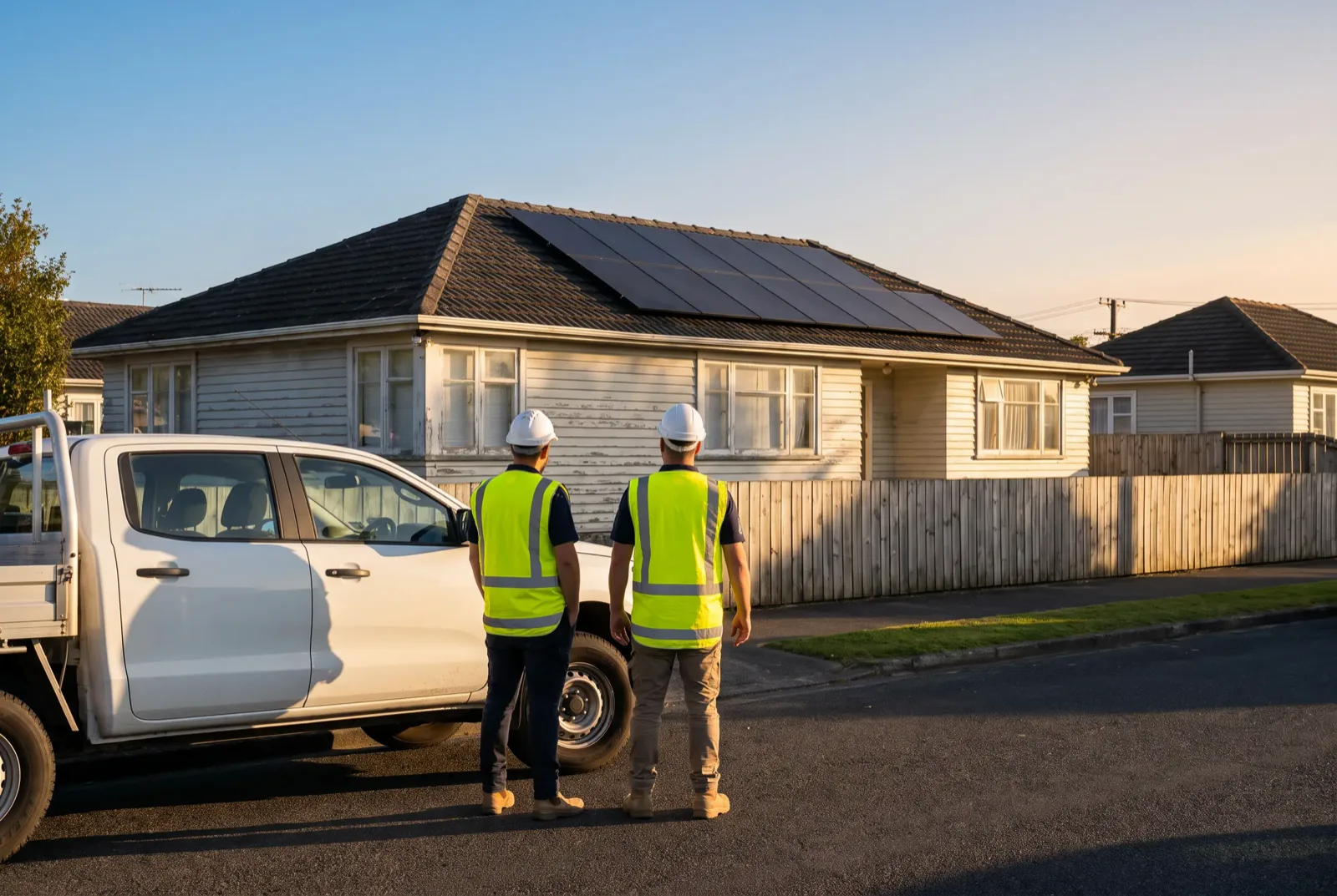 Two installers in hi-vis beside their ute, looking up at a finished rooftop solar array.