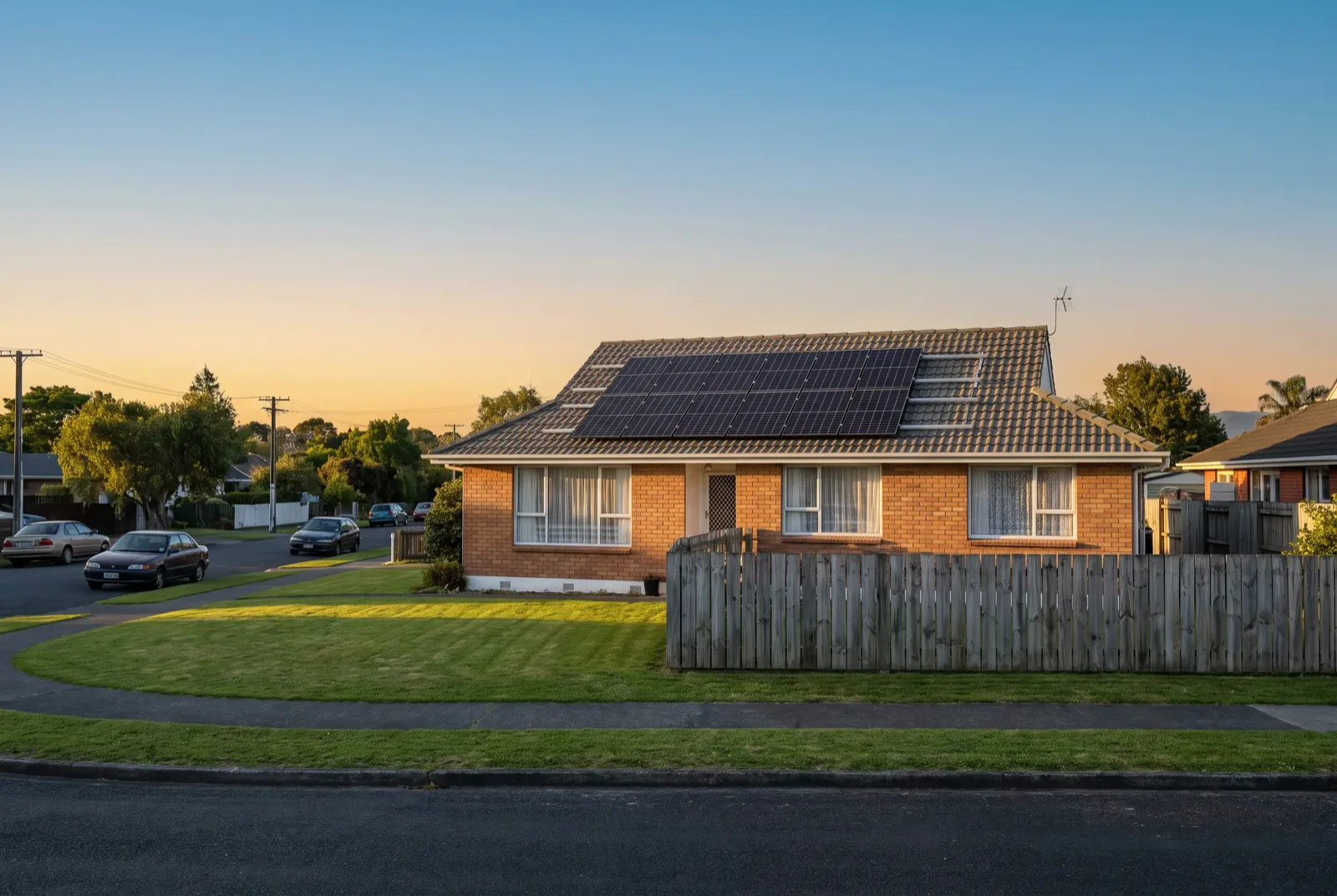 A tidy brick-and-tile rental home with a full rooftop solar array, seen from the street