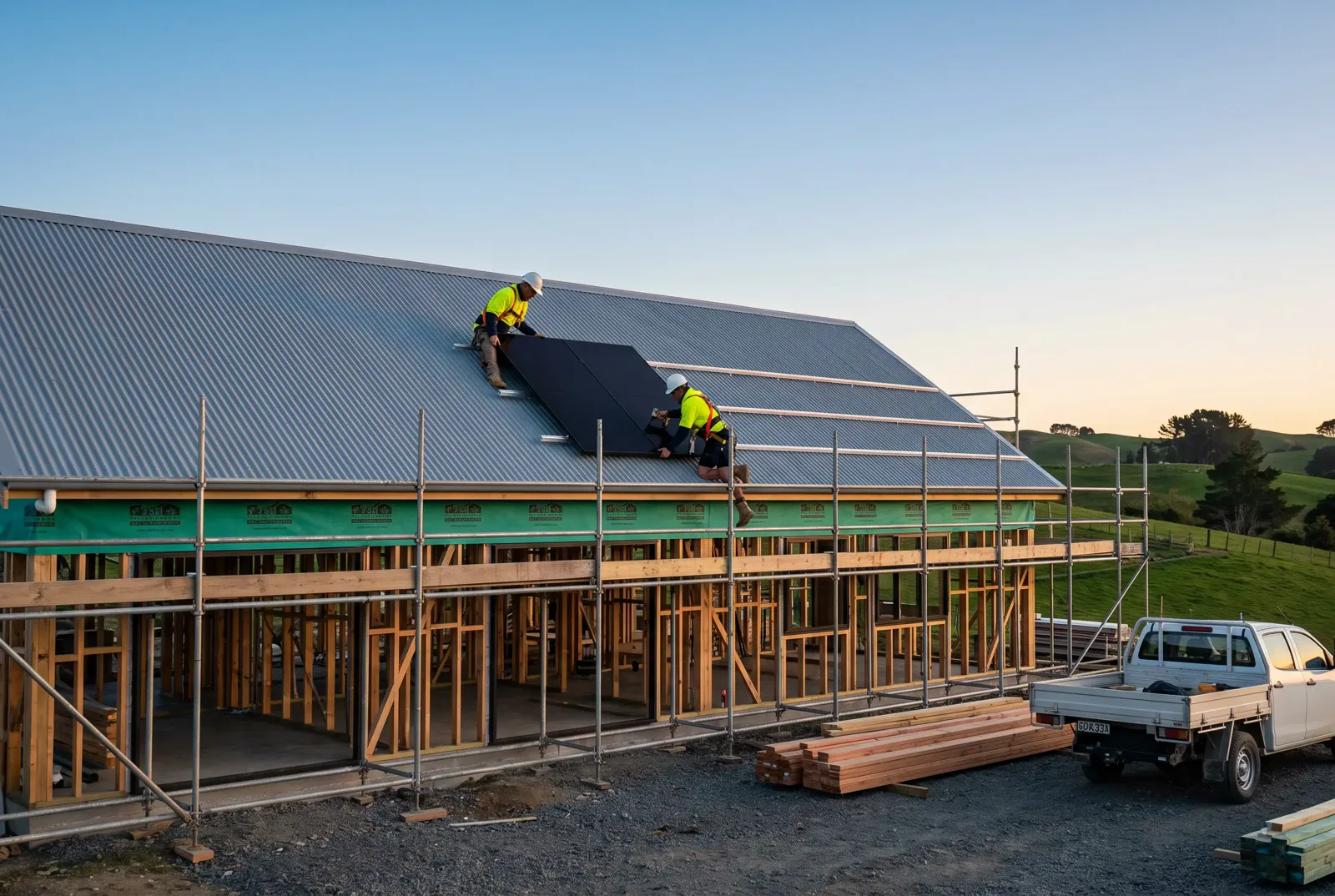 Installers fitting solar panels on a new roof while the house is still in framing and scaffolding