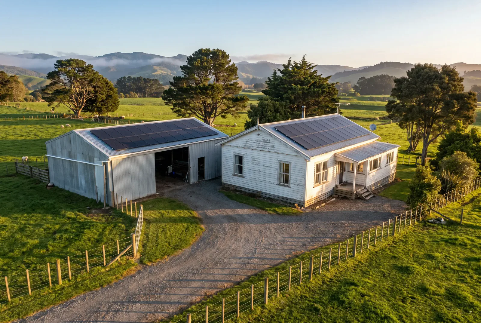 A lifestyle-block farmhouse and shed with solar arrays on both roofs, paddocks rolling behind