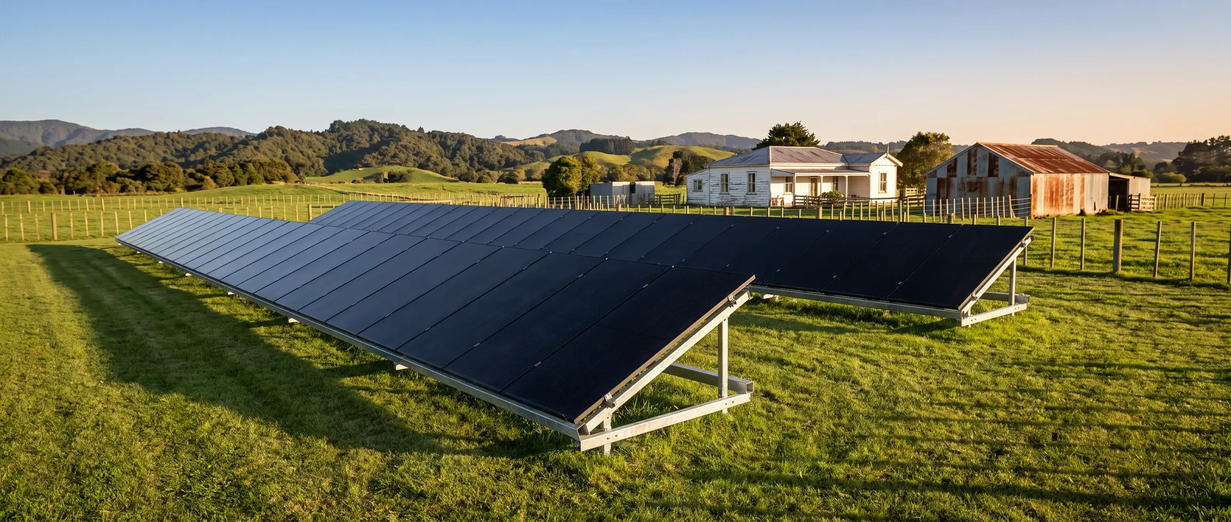 A ground-mounted solar array on a grass paddock corner, with the farmhouse and shed behind