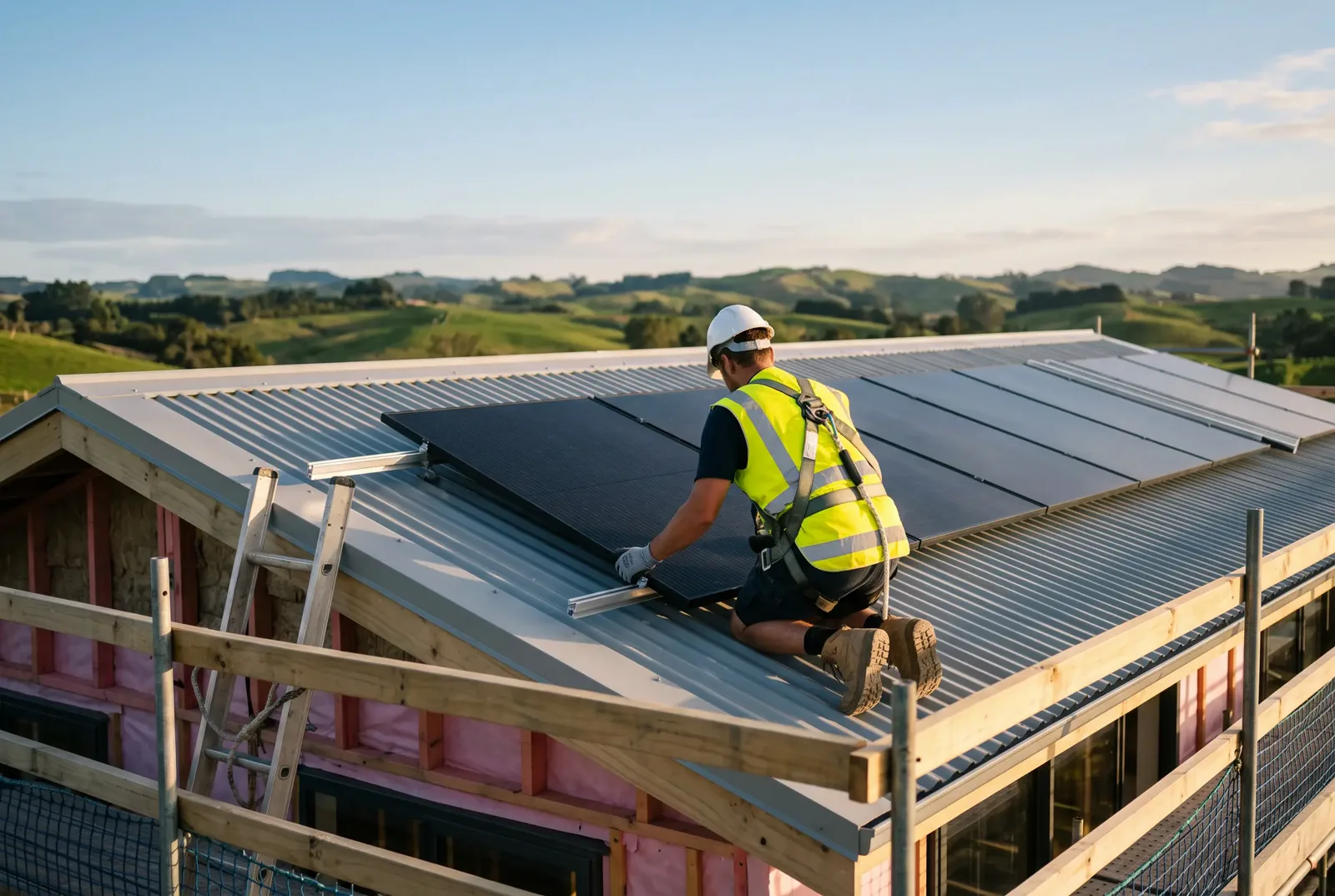 An installer guiding a solar panel onto mounting rails on a newly roofed house