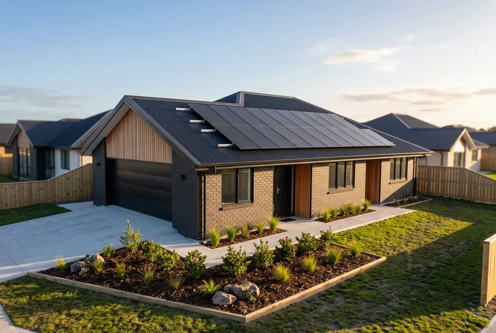 A just-finished new build with a completed rooftop solar array and fresh landscaping