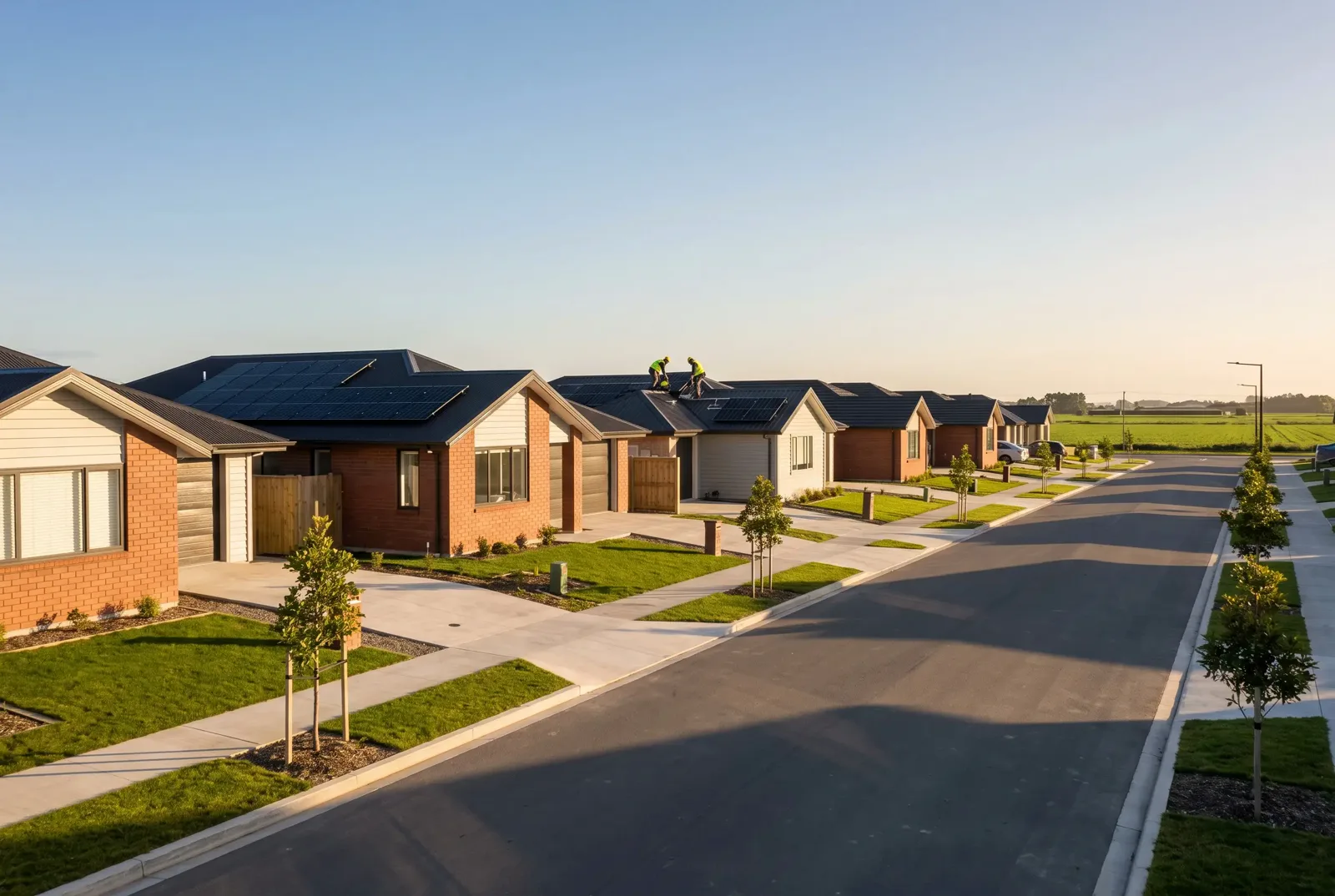 A new subdivision street with solar arrays on several rooftops and a crew at work