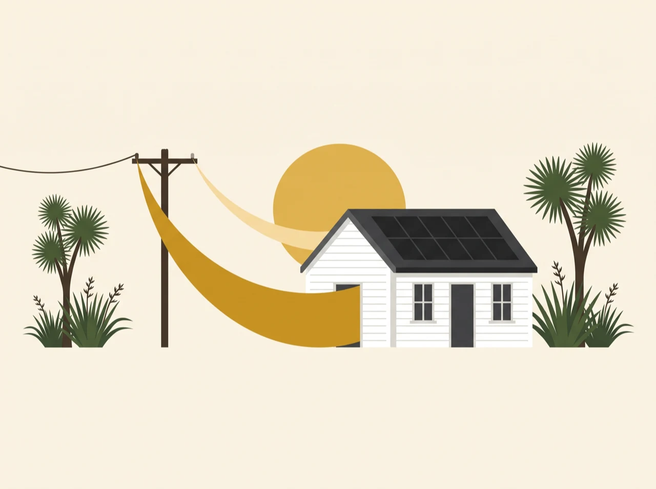 A deep band of gold running from a power pole into a cottage, and a far thinner one returning from its roof to the pole