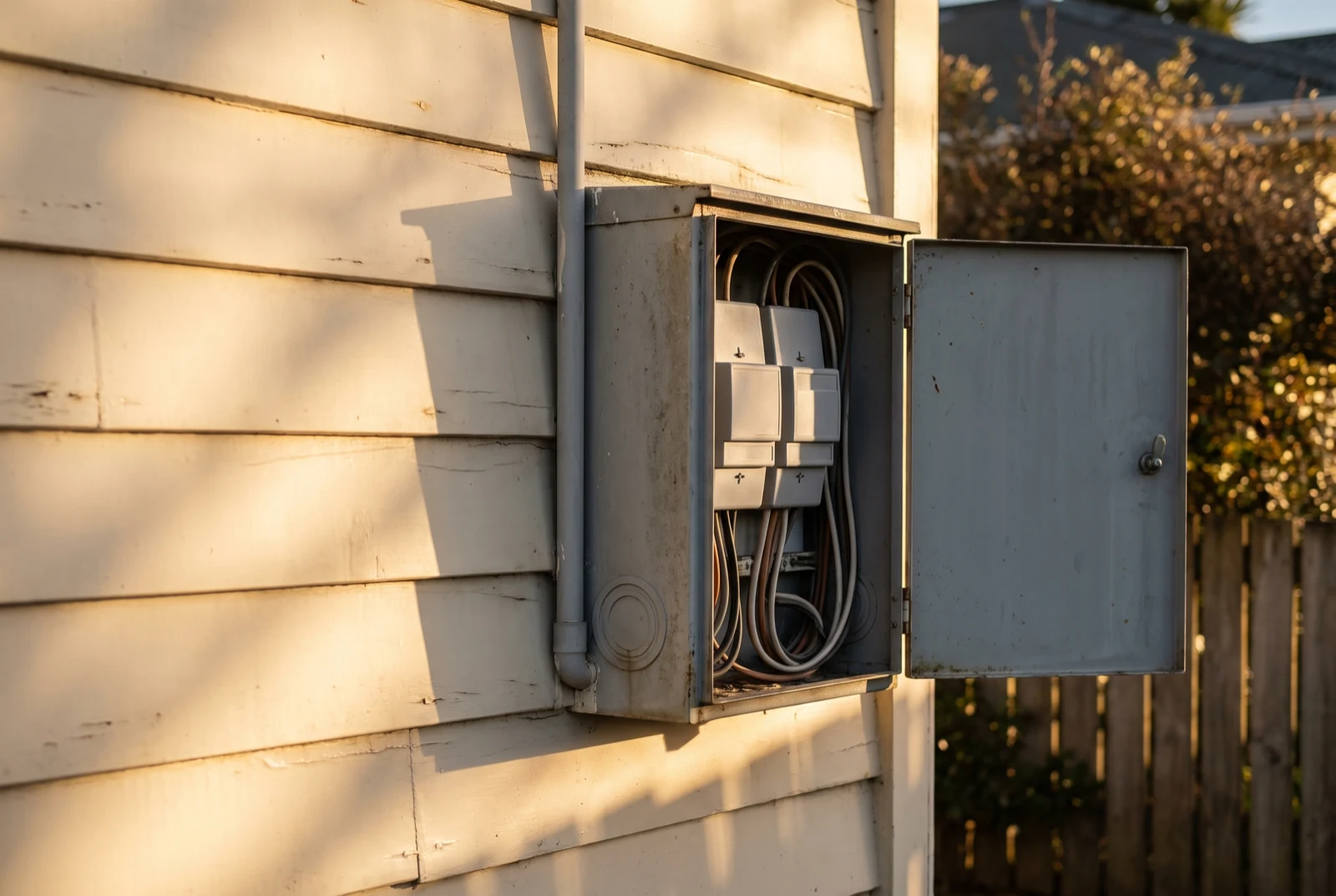 An open meter box on the weatherboard wall of a house, its door swung back to show the metering and wiring inside