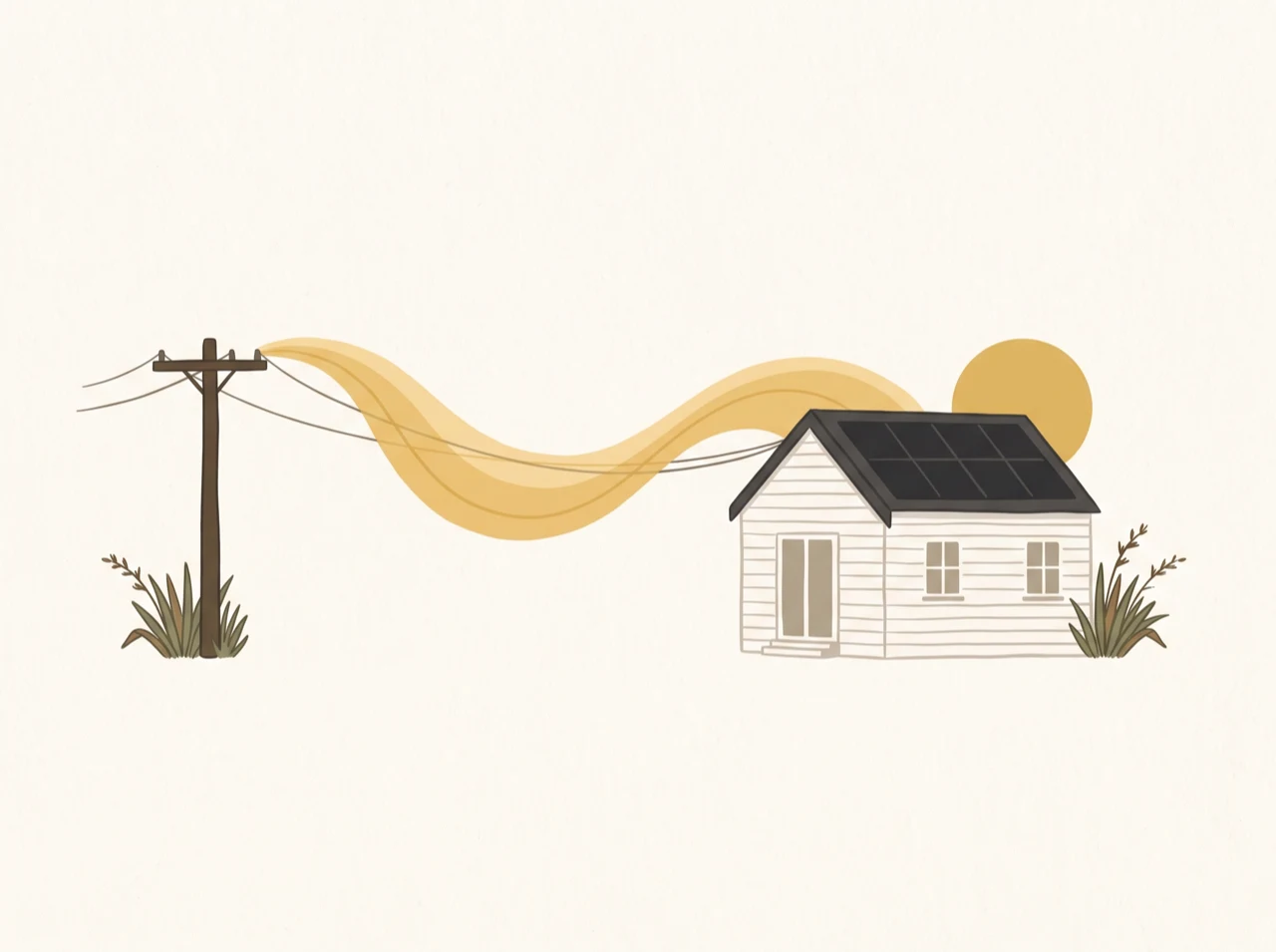 A ribbon of gold running between a power pole and a cottage, rising and falling along its length instead of holding one width