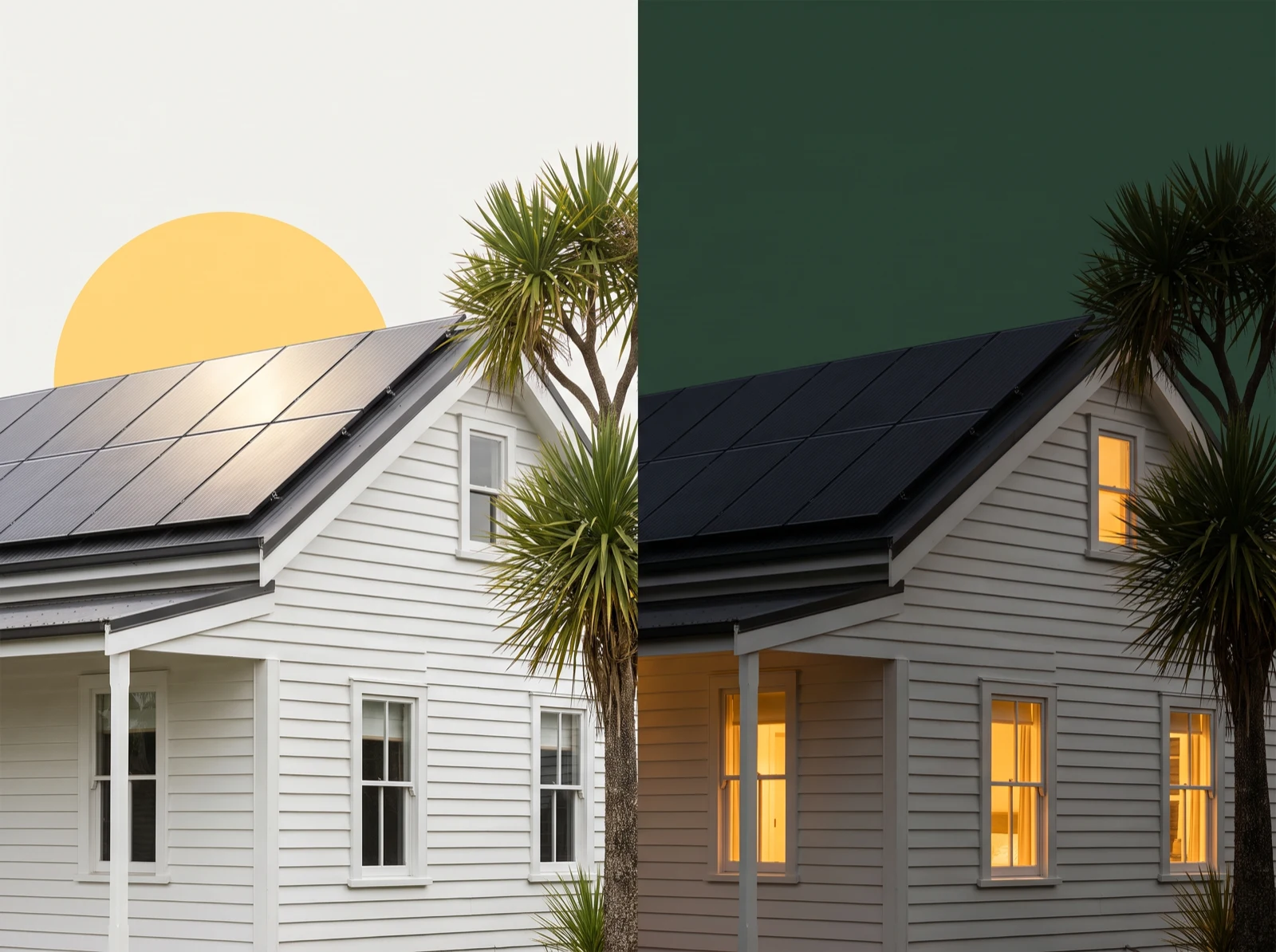 One villa shown twice side by side: at midday with a gold sun over its solar panels, and at dusk against a dark green sky with its windows lit