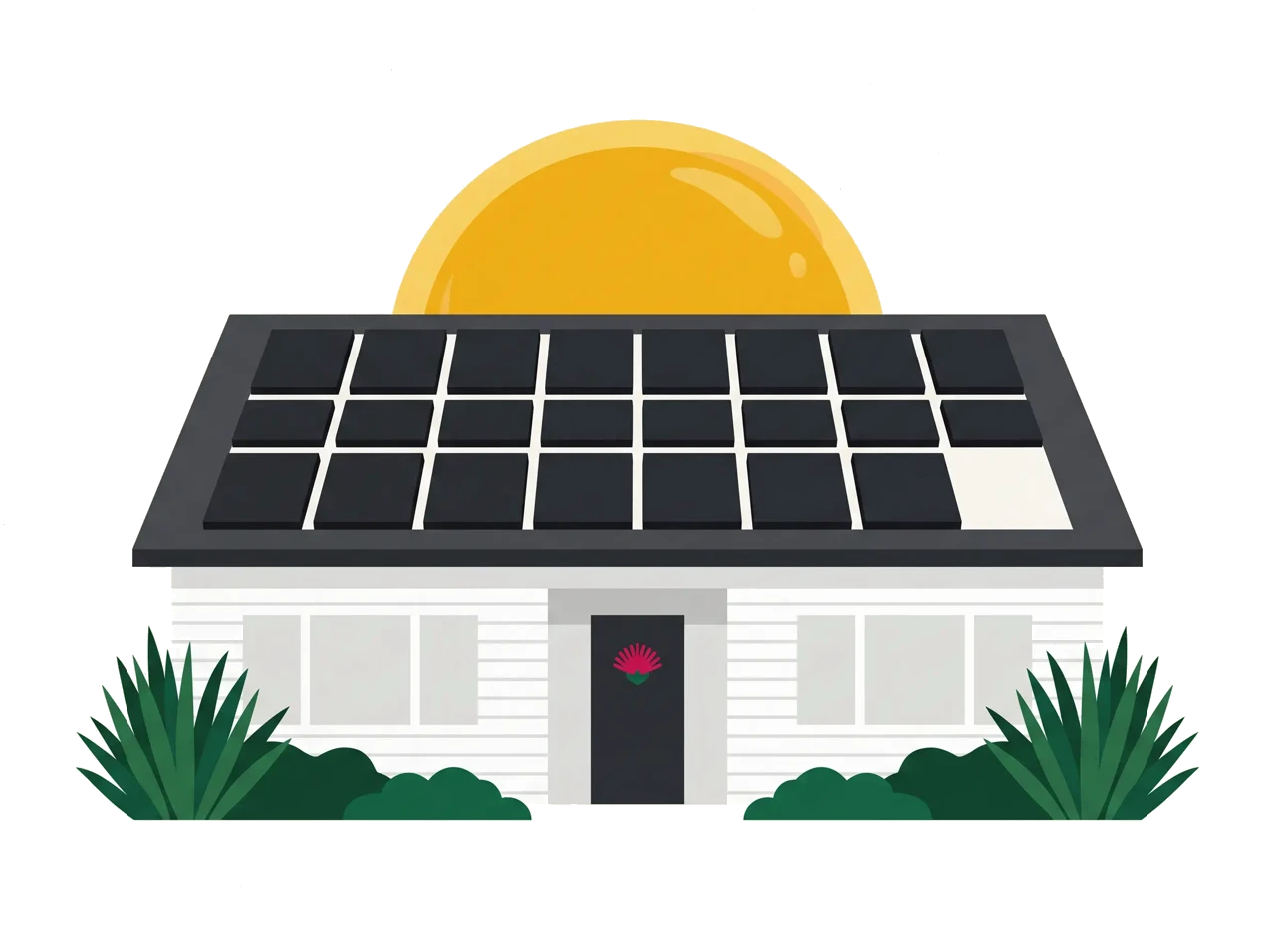 Illustration of a wide single-storey home with a twenty-three-panel solar array