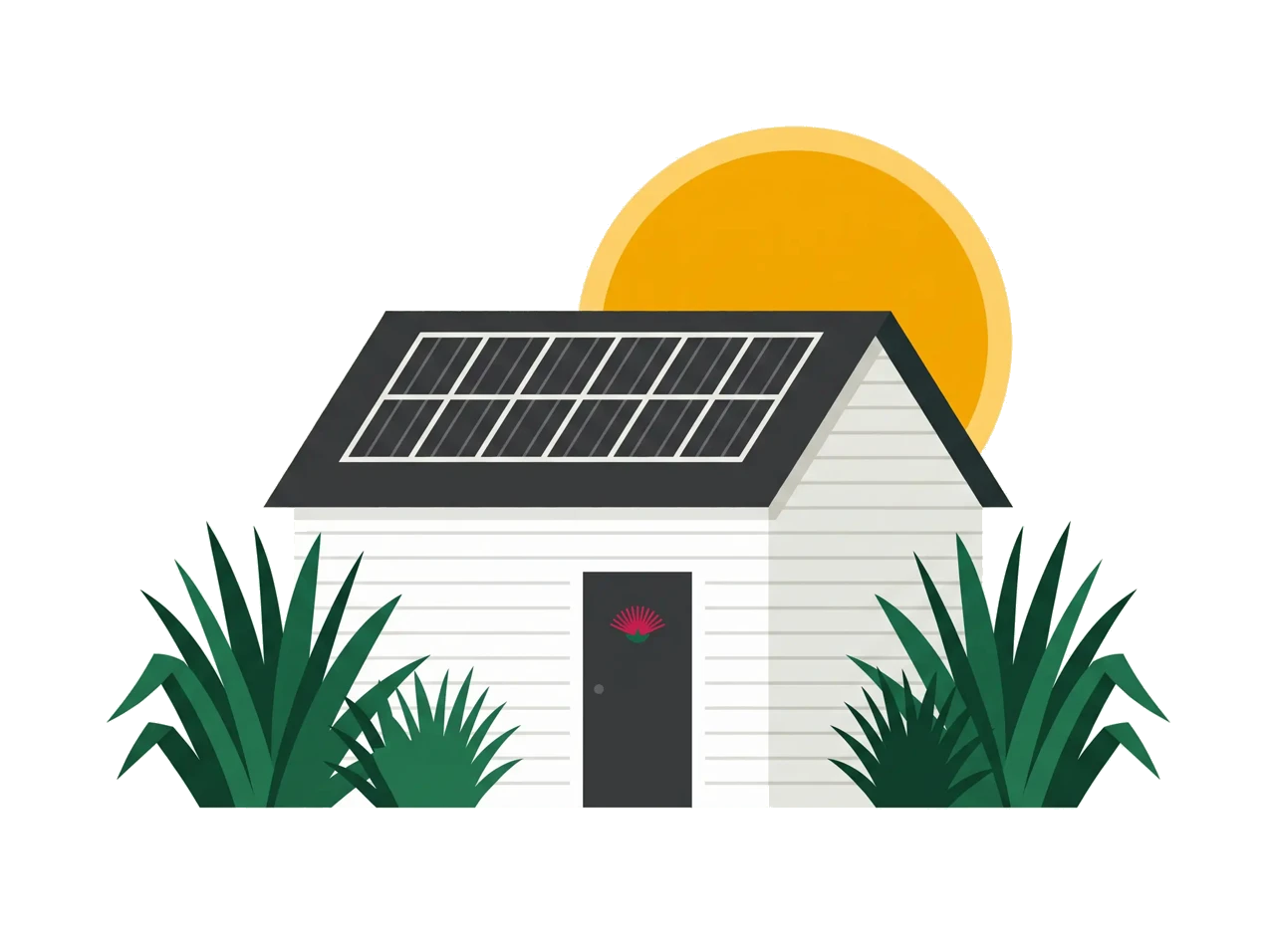 Illustration of a small home with a twelve-panel solar array