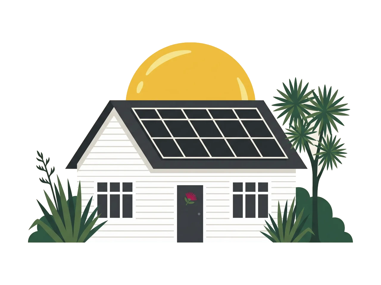 Illustration of a family home with a fifteen-panel solar array